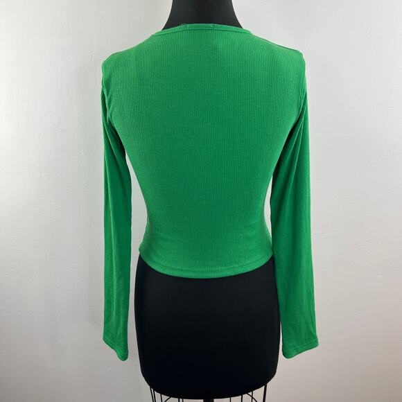 NASTY GAL Green Diagonal Cut Out Ribbed Knit Long Sleeve Top Fitted Night Out 4 - Picture 5 of 8